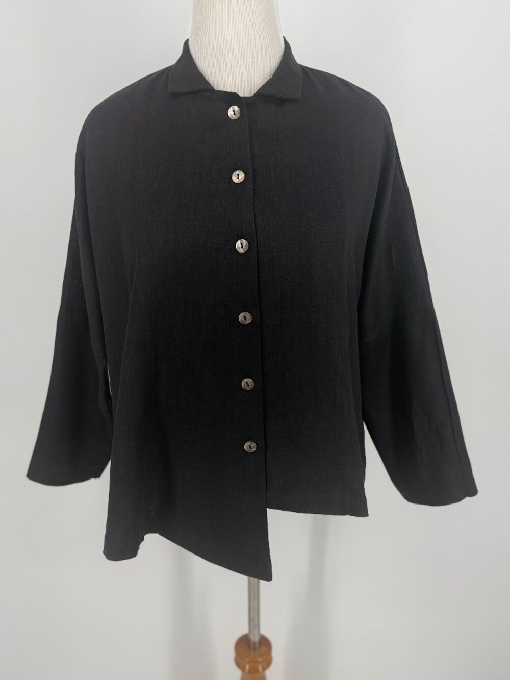Itemz Black 100% Linen Asymmetrical Button Down Top OS